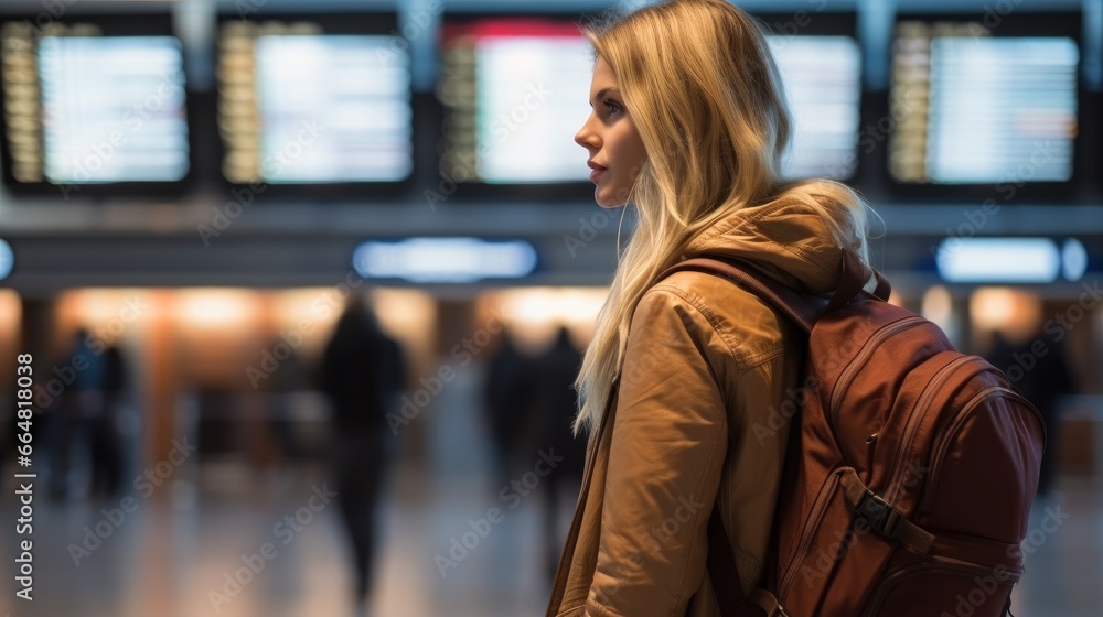 Woman with backpack looking at the schedule of departures in airport. Woman with backpack looking at the schedule of departures in airport.