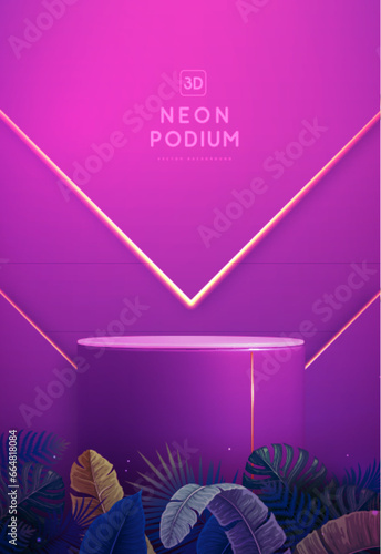 Fluorescent neon showcase background with 3d podium and tropic leaves.  Summer nature concept. Vector illustration