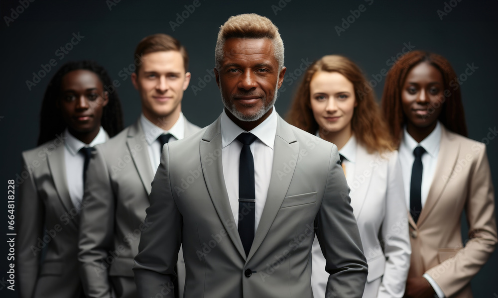 Confidence business people, Several business team members with a middle aged African male leader. Confidence business people, Several business team members with a middle aged African male leader.