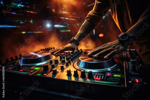 Dj Hands Creating And Regulating Music On Dj Console