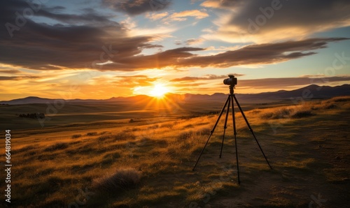 Photo of a camera on a tripod capturing a breathtaking mountain view