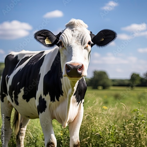 Photo of a brown and white cow grazing on a vibrant green field