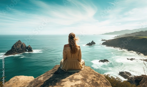 Photo of a woman enjoying the breathtaking view of the ocean from a cliff