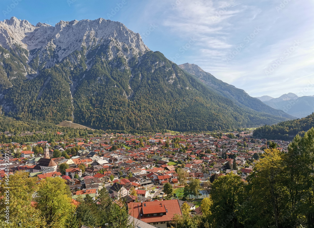 Small Bavarian town between the mountains. German Alps. Beautiful mountains landscape.