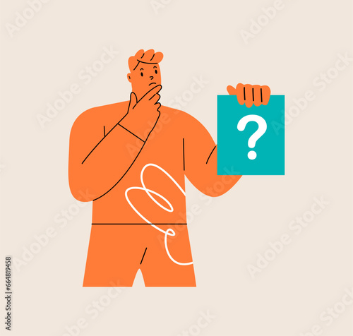 Work questions, doubts, hypotheses. Man is holding a card with a question mark. Colorful vector illustration