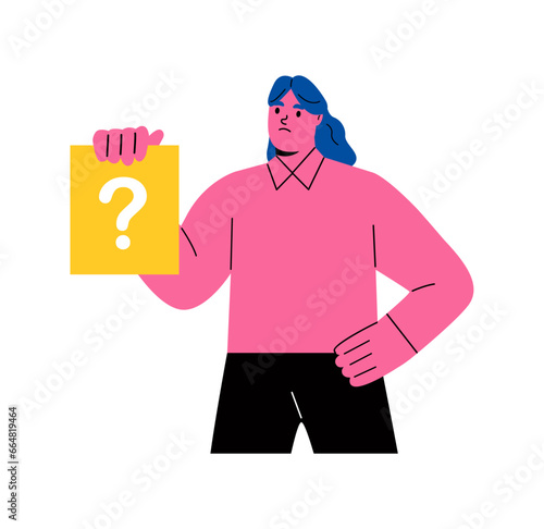 Work questions, doubts, hypotheses. Business woman is holding a card with a question mark. Flat vector illustration isolated on white background
