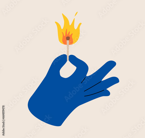 Hand holding a match in fire, flame. Colorful vector illustration