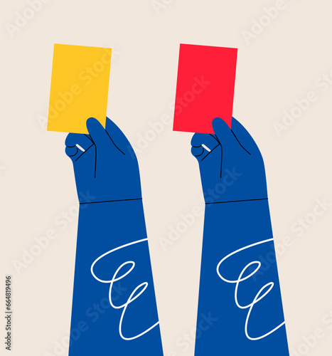 Hand showing yellow card and red card. Symbol for soccer sport. Colorful vector illustration