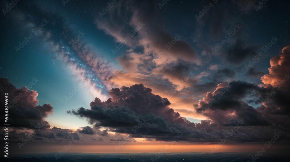 Fototapeta premium Cloudy well shaped sky landscape. Background of a beautiful morning sky with low lights. Combination of indigo, blue and light yellow colors.