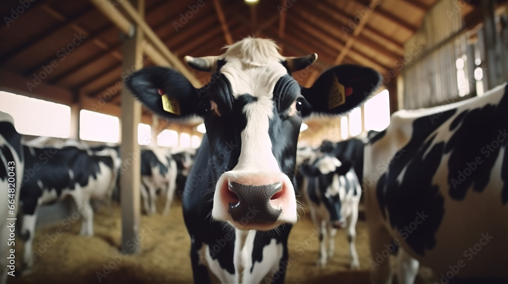 Vache dans son enclos à la ferme, focus sur un animal avec d'autres vaches dans le fond.