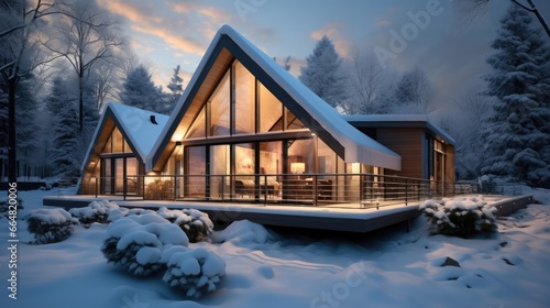 Beautiful modern exterior of cottage covered in snow in winter evening. © visoot