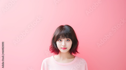 Young beautiful Asian woman is standing indoors against background