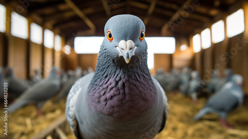 Pigeon dans son pigeonnier en bois, focus sur un animal avec d'autres pigeons dans le fond.