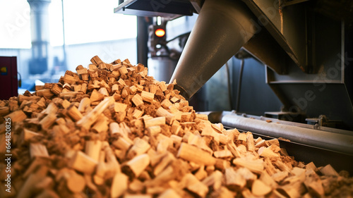 Production of biocombustible biomass wood pellet at the plant.
