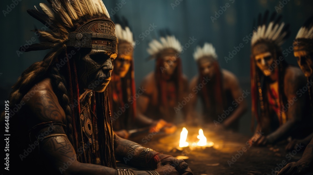 Tribe wearing mask sitting around bonfire, Ancient times.