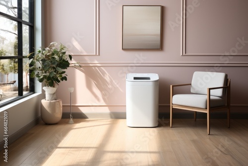 Modern trash can in living room at home.