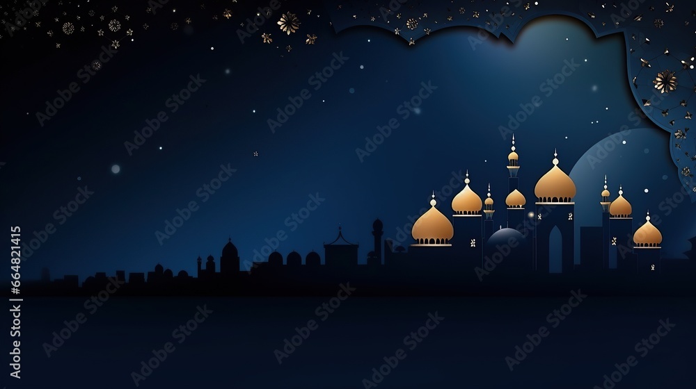 Naklejka premium Ramadan Kareem background. Mosque silhouette background, Islamic design greeting card . Generative AI