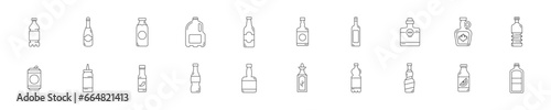 Set of icons with different bottles in linear style. Vector illustration.