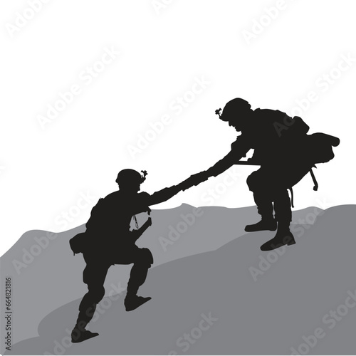 A soldier helps another soldier up a steep hill.. vector soldiers helping soldiers silhouette.