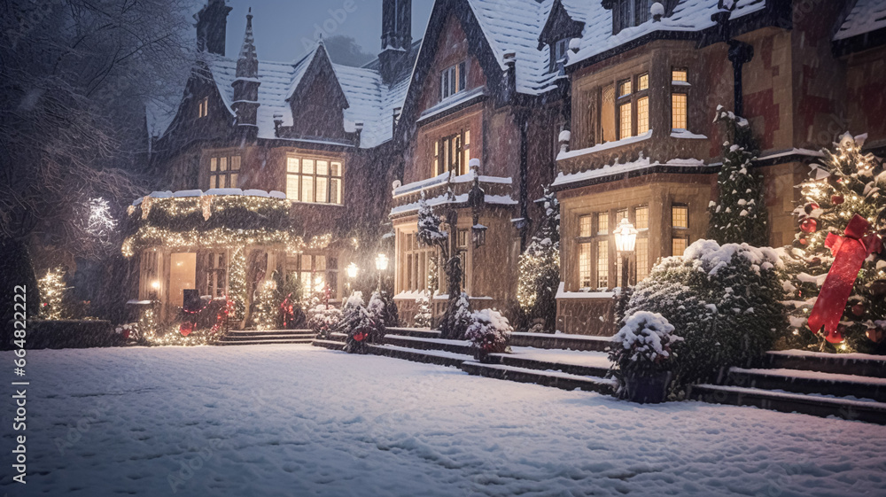 Christmas in the countryside manor, English country house mansion decorated for holidays on a snowy winter evening with snow and holiday lights, Merry Christmas and Happy Holidays Christmas in the countryside manor, English country house mansion decorated for holidays on a snowy winter evening with snow and holiday lights, Merry Christmas and Happy Holidays