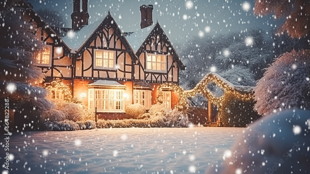 Fototapeta premium Christmas in the countryside manor, English country house mansion decorated for holidays on a snowy winter evening with snow and holiday lights, Merry Christmas and Happy Holidays