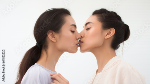 Beautiful two women are kissing, against white background