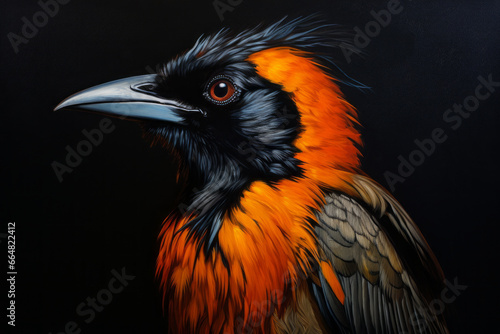 Bird with bright orange feathers and black beak against dark background