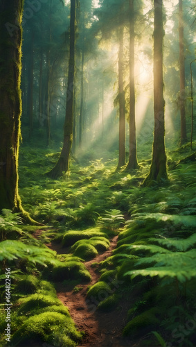photo of a green rainforest with coniferous trees, moss on the ground, rays of the sun passing through the treetops 