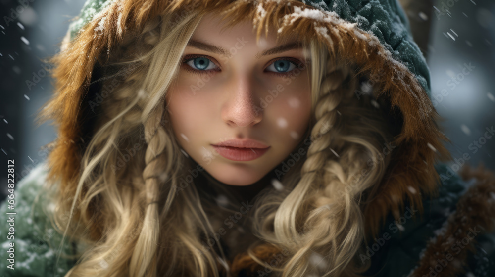 Blond hair elf woman with green hood in the winter, outdoors Blond hair elf woman with green hood in the winter, outdoors