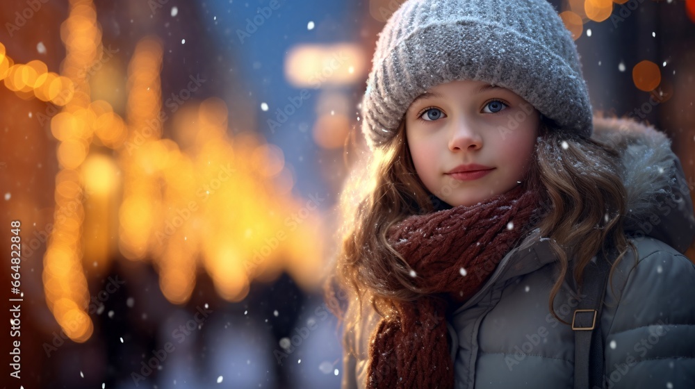 Young Girl Enjoys Snow with Christmas Lights Young Girl Enjoys Snow with Christmas Lights