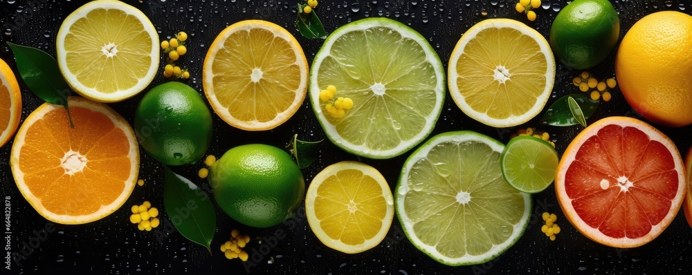 Fresh ripe flowing citrus fruit halfed and cut, healthy food concept panorama. Generative Ai. Fresh ripe flowing citrus fruit halfed and cut, healthy food concept panorama. Generative Ai.