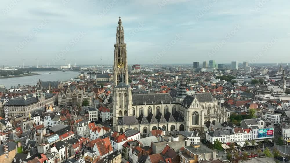 Aerial approaching shot showing Cathedral of Our Lady in Antwerp City Aerial approaching shot showing Cathedral of Our Lady in Antwerp City