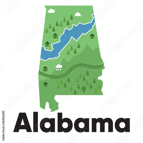 Alabama map drawing illustration cartoon style natural graphic forest
