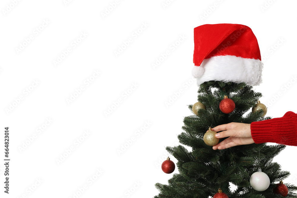 PNG,A decorated Christmas tree with a red festive hat, isolated on white background PNG,A decorated Christmas tree with a red festive hat, isolated on white background