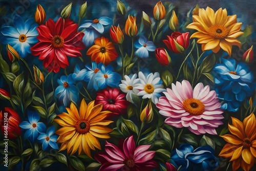 Colorful flowers on a canvas painted with oil paints  © Ambreen
