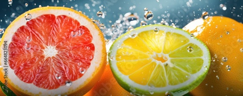 Fresh ripe flowing citrus fruit halfed and cut, healthy food concept panorama. Generative Ai.