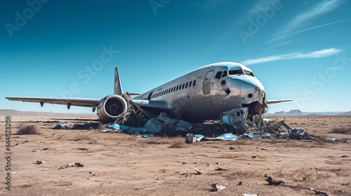 A broken airplane in the desert. Copy space photo