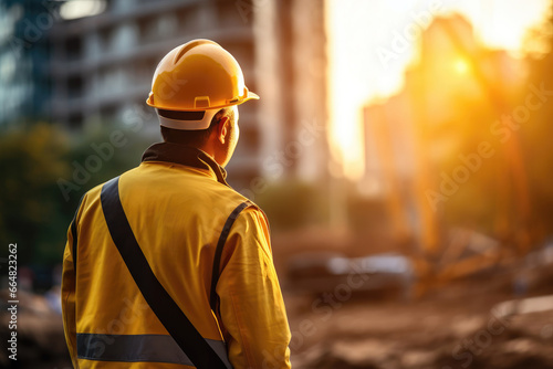 Worker In A Yellow Hard Hat Standing In Profile against the backdrop of construction