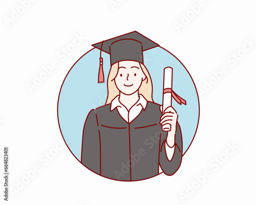 Happy female student holding diploma vector flat illustration. graduated woman holding degree.  Hand drawn style vector design illustrations.