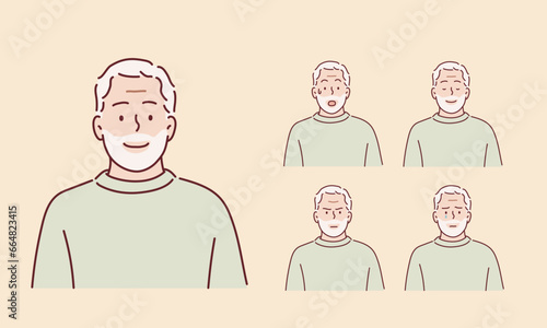 grandfather with various facial expressions. Hand drawn style vector design illustrations.