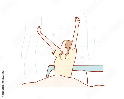 Happy girl waking up in the morning sunshine looking at sunrise sun in window excited to enjoy the day. Hand drawn style vector design illustrations.