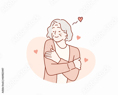 Self love concept, aged female person is hugging herself. Hand drawn style vector design illustrations.