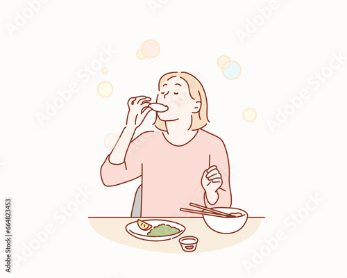 eat breakfast. Woman Eating Delicious Meal. Hand drawn style vector design illustrations.