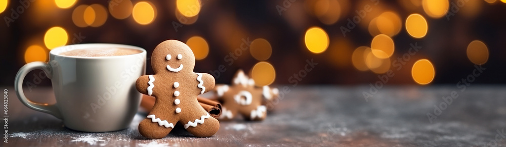 Gingerbread man with cup of hot cocoa. With copy space. Gingerbread man with cup of hot cocoa. With copy space.