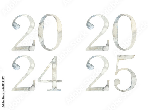 Watercolor hand drawn lettering isolated. Handwritten message vertical. Numbers date 2024, 2025. Can be used as a print, for cards, banner or poster.