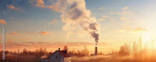 Smoke pollution from family house chimney on village from heating, panorama. Generative Ai.