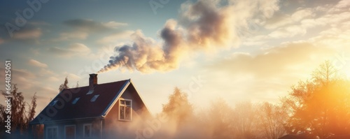 Smoke pollution  from family house chimney on village from heating, panorama. Generative Ai. photo