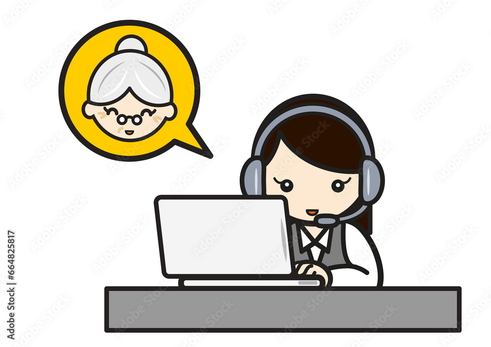 パソコンに向かいながらおばあさんからの電話を受けるコールセンター女性 パソコンに向かいながらおばあさんからの電話を受けるコールセンター女性