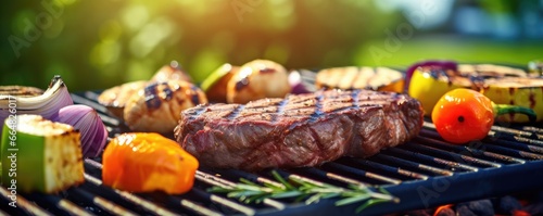 Fresh grilled sausage, vegetables, cheese and steak on outdoor home grill, panorama. Generative Ai.