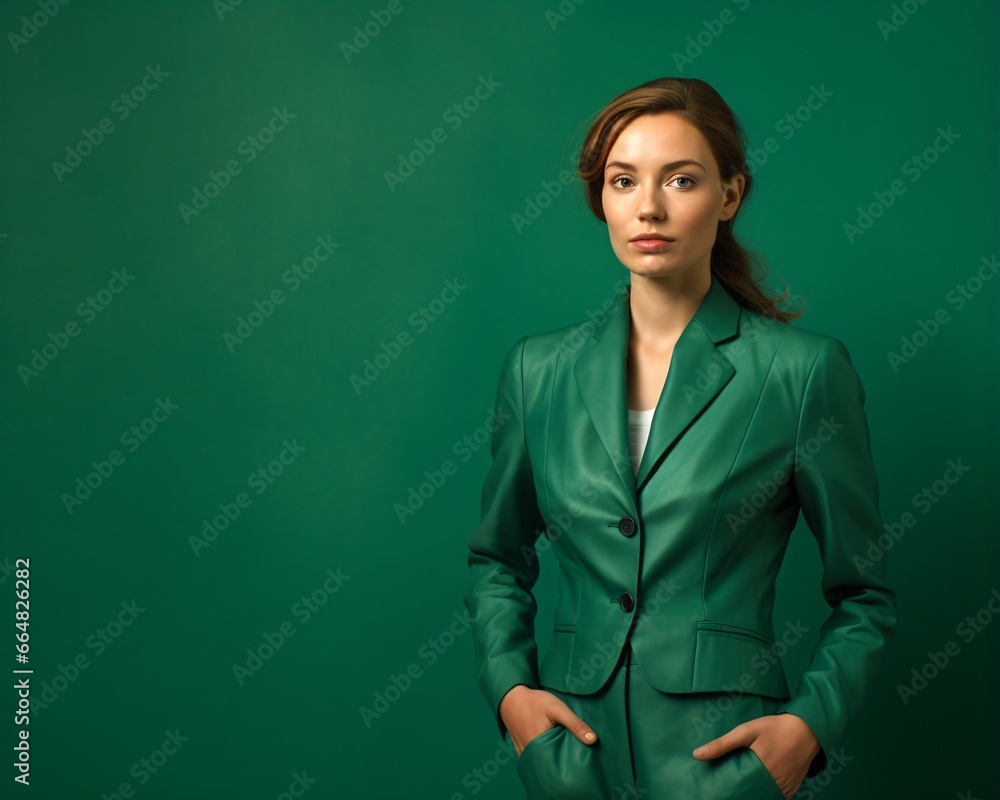 Confident Woman in Green Suit Posing on Green Background Confident Woman in Green Suit Posing on Green Background